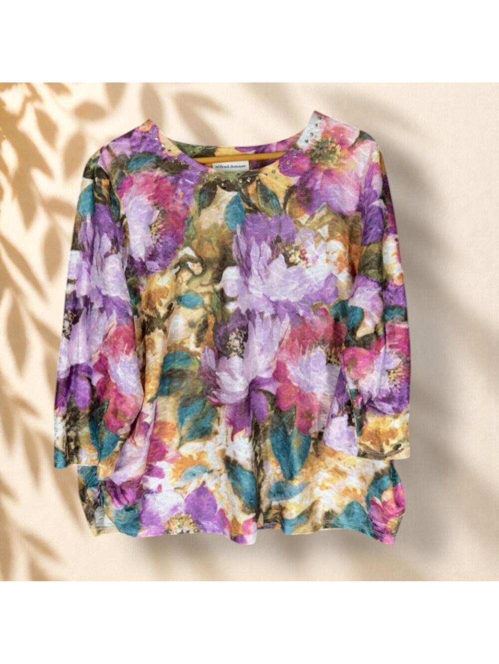Alfred Dunner Blouse Women 1X Plus Purple Floral 3/4 Sleeve Rhinestone Casual